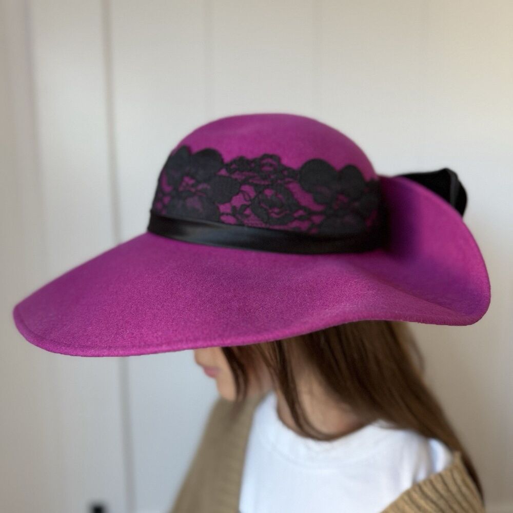 VTG 80s Deadstock Michael Howard Fuchsia Wool Fedora Hat Lace Satin Bow USA NOS